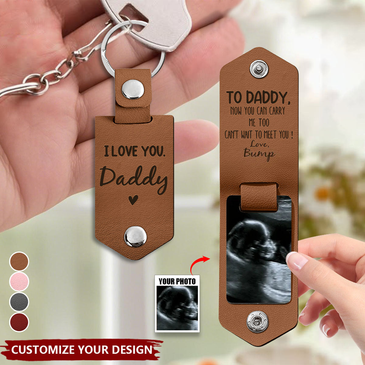 Custom Photo Now You Can Carry Me Too - Gift For Dad, Father, New Parents - Personalized Leather Photo Keychain