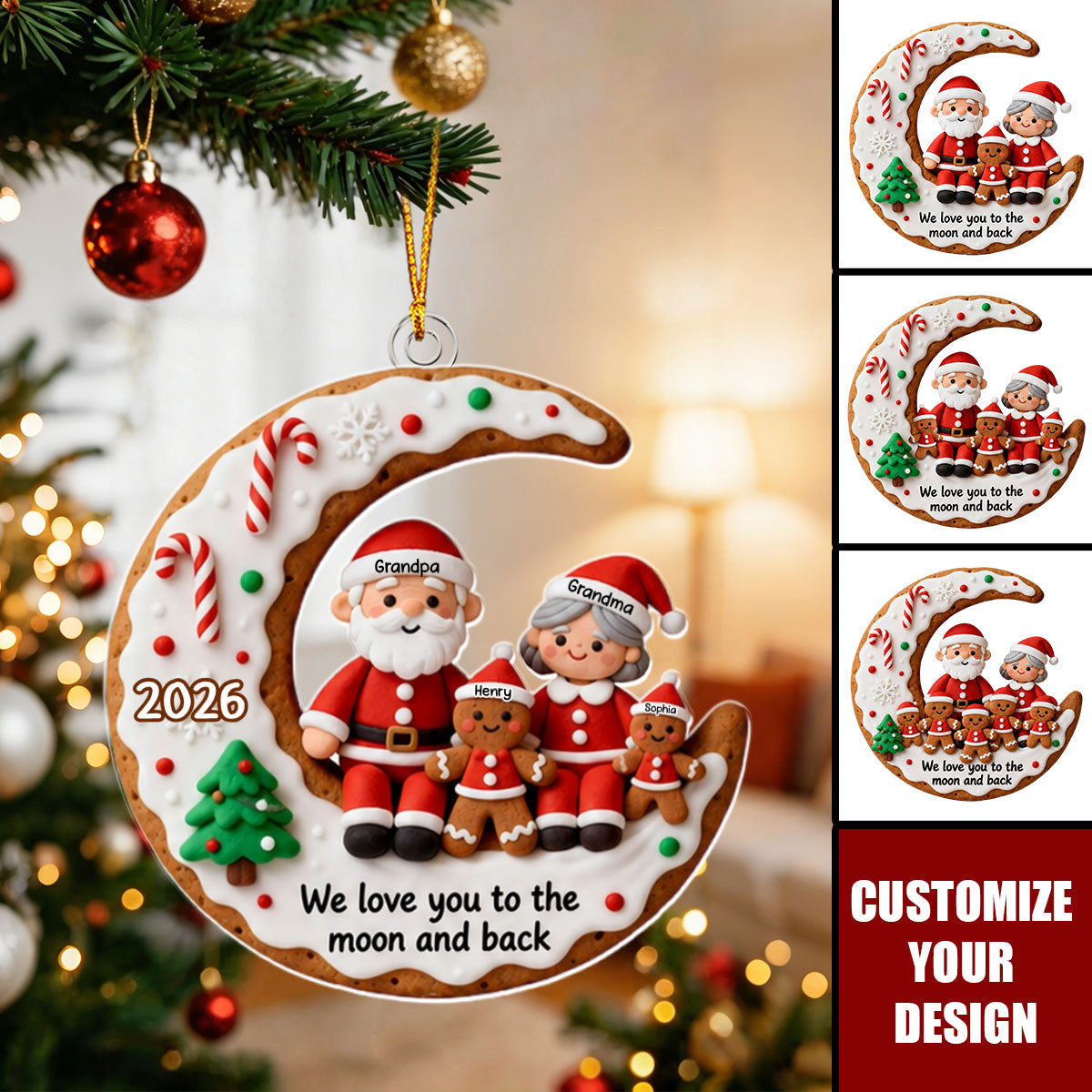 Personalized Gingerbread Family Moon Ornament 2026 - Holiday Gift for Family