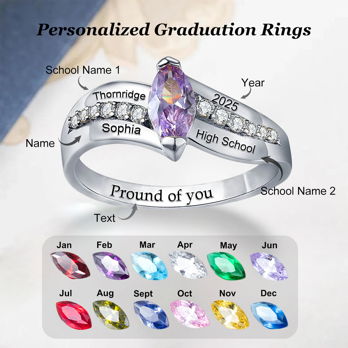 Personalized Birthstone Graduation Ring with Custom Engravings of University/School Name