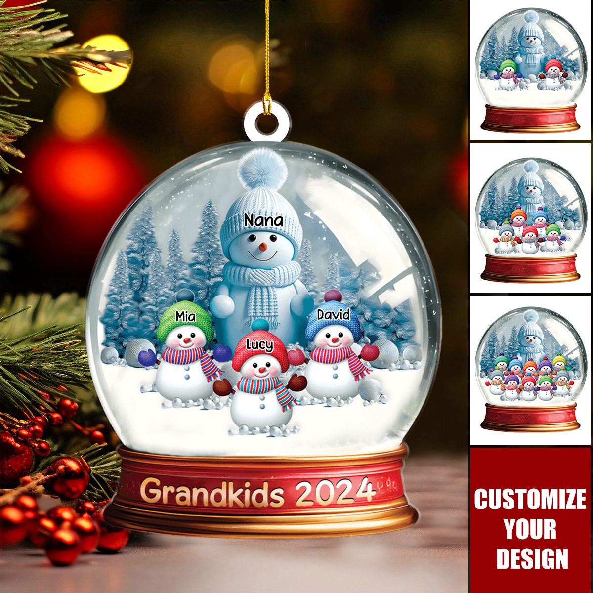 Christmas Blue Vibe Snowman Custom Grandma With Grandkids Snowball Ornament