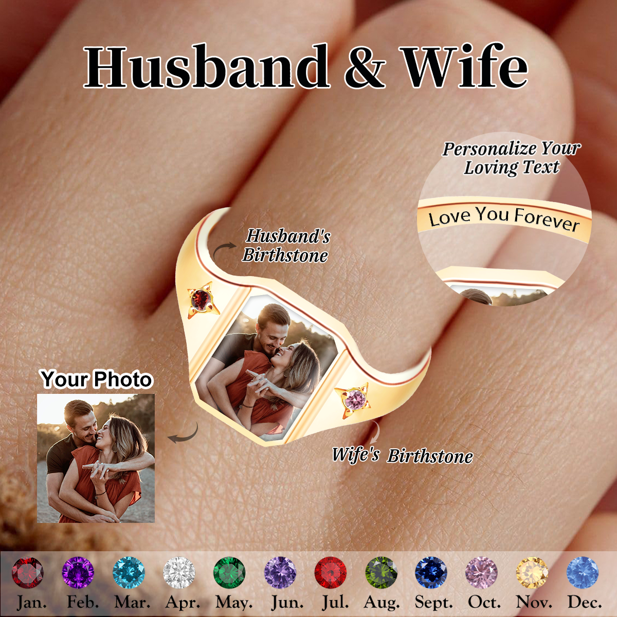 Love You Forever - Custom Photo & Birthstone Couple Ring