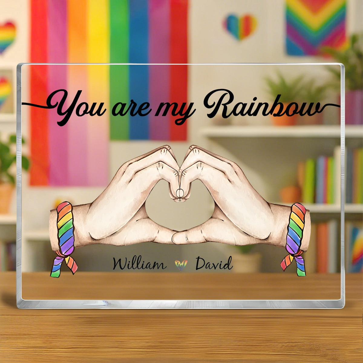 Pride Month LGBT Couple Heart Hands Personalized Rectangle Acrylic Block Plaque