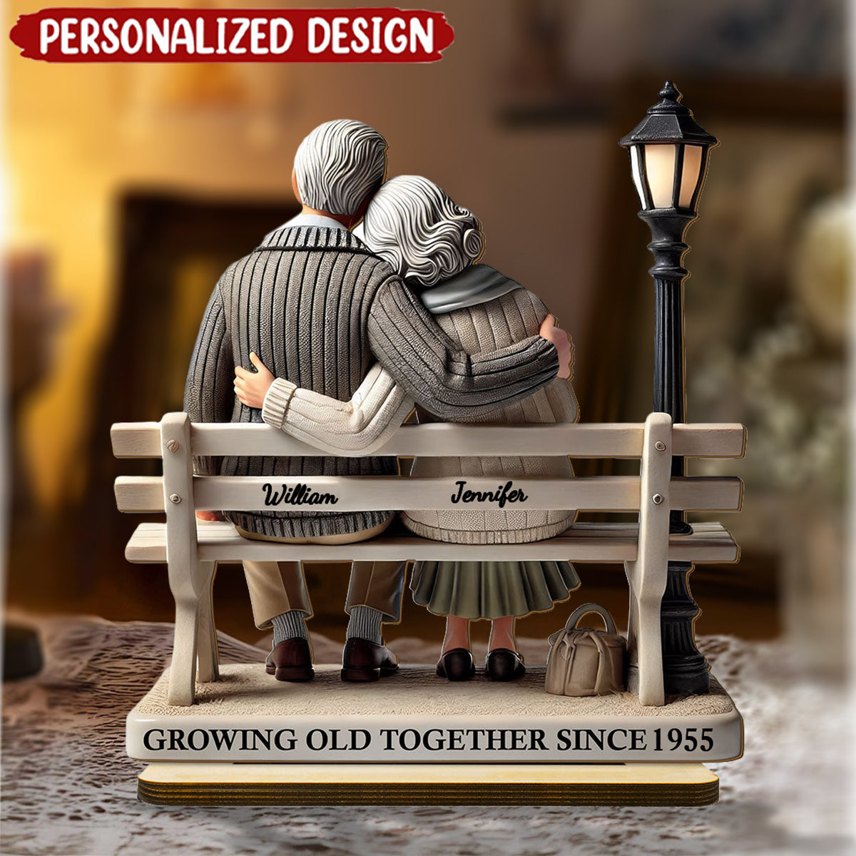 Old Couple Sitting On Bench At The Park Personalized Wooden Plaque