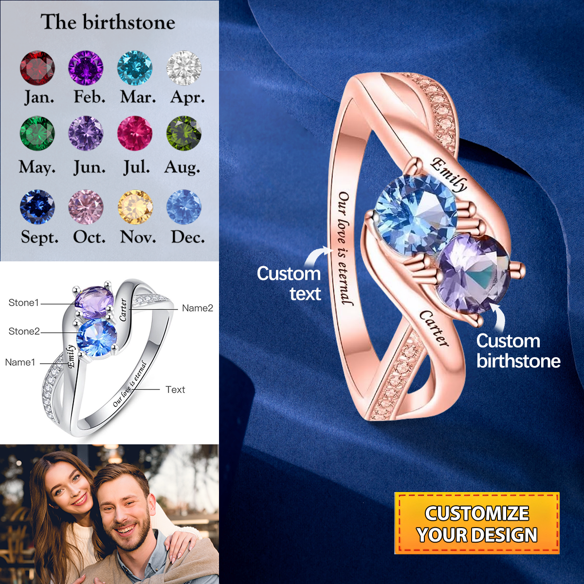 Personalized Engraved Infinity Two Birthstones Name Family Ring, Promise Ring