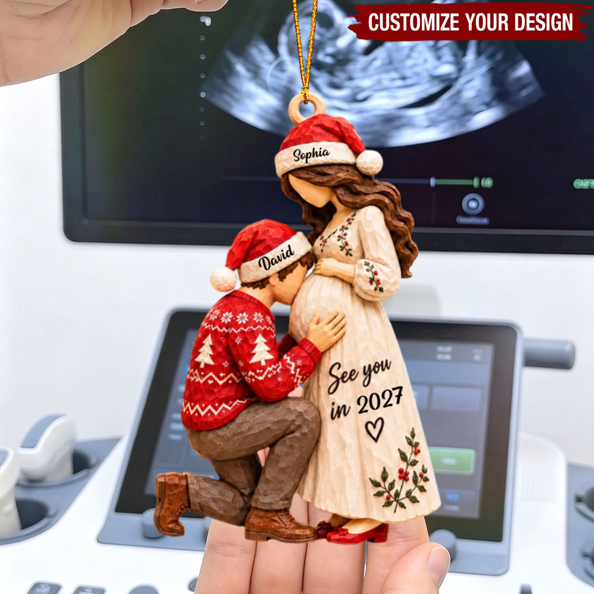 Personalized Pregnancy Announcement Wooden Christmas Ornament - Expecting Parents Gift