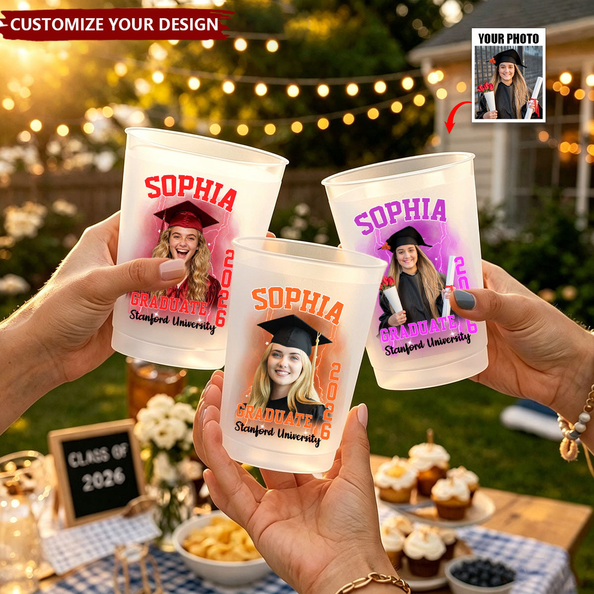 Graduate 2026 Photo Frosted Cup with School Name, Personalized Graduation Portrait Cup