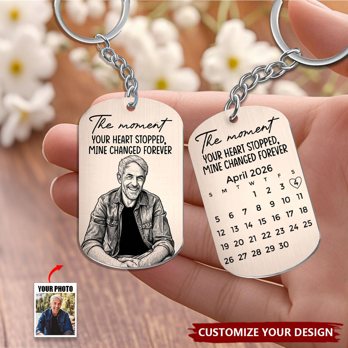 Custom Photo Sketch Line Art The Moment Your Heart Stopped- Personalized Memorial Keychain