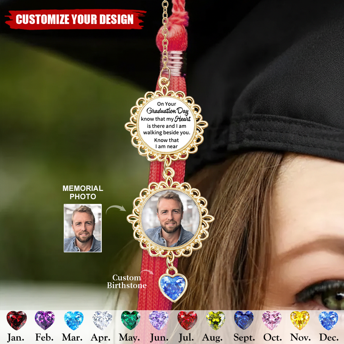 Walking Beside You - Custom Birthstone Graduation Tassel Photo Charm