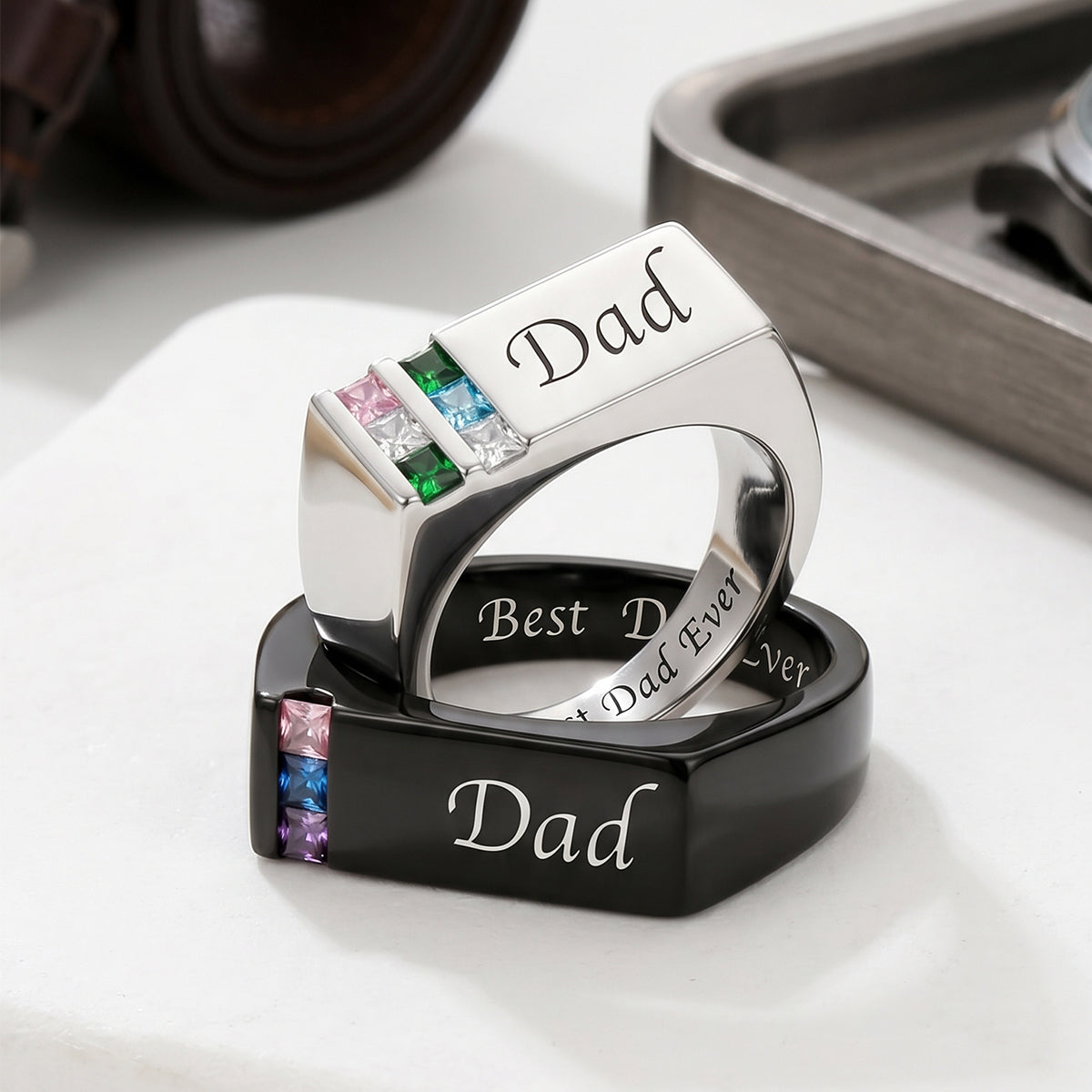 Personalized Birthstone Men Ring With Name,  Father's Day Gift For Dad Grandpa