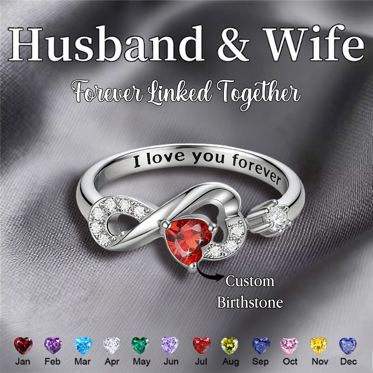 I Love You Forever - Personalized Adjustable Heart Infinity Birthstone Rings