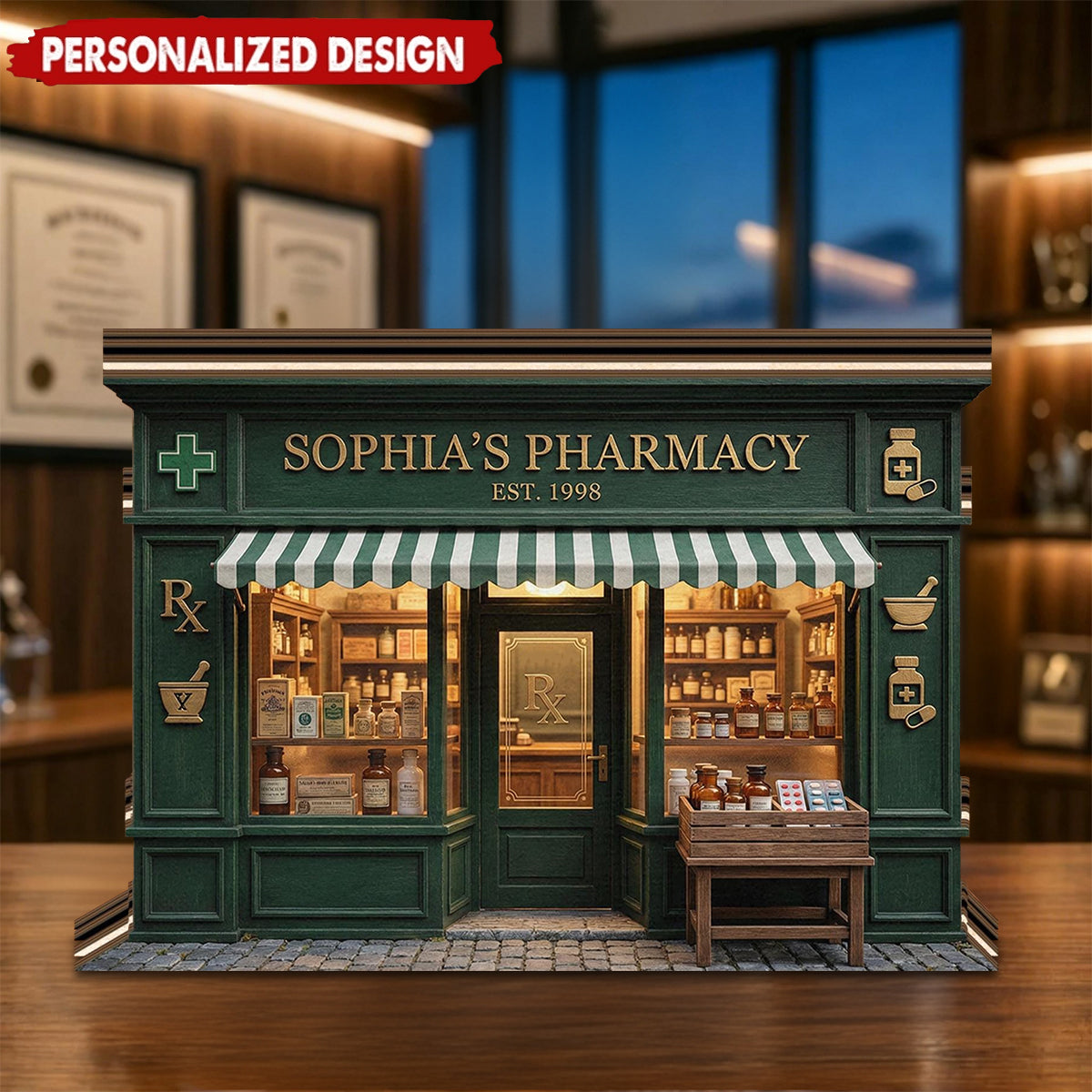 Personalized Pharmacy Apothecary Store Wooden Block, Gift For Pharmacist