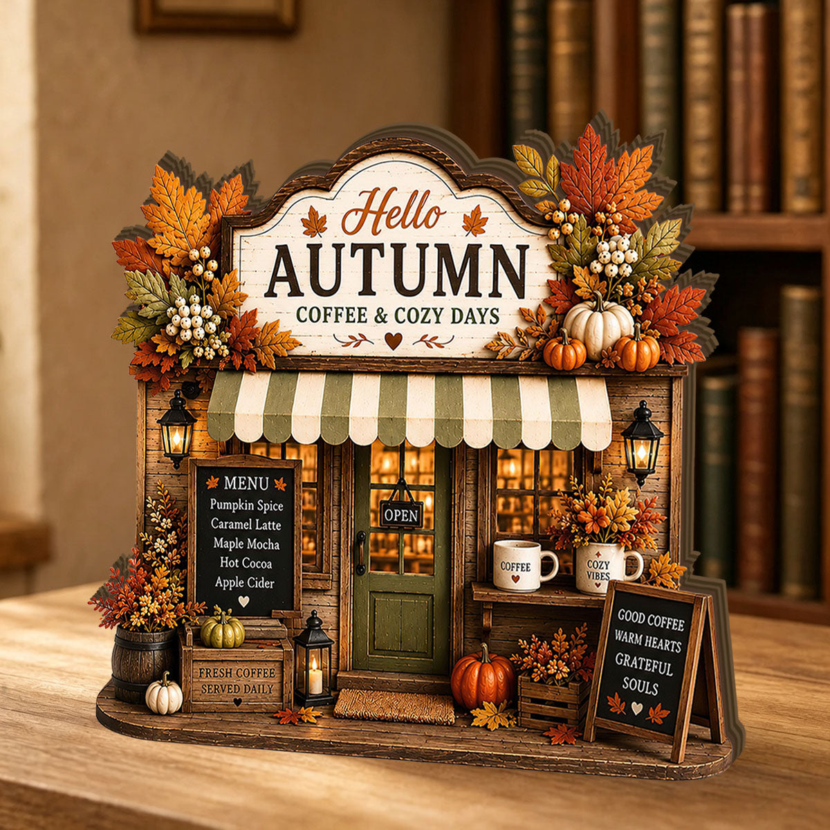 Personalized Autumn Coffee Shop Wooden Block, Fall Farmhouse Coffee Decor