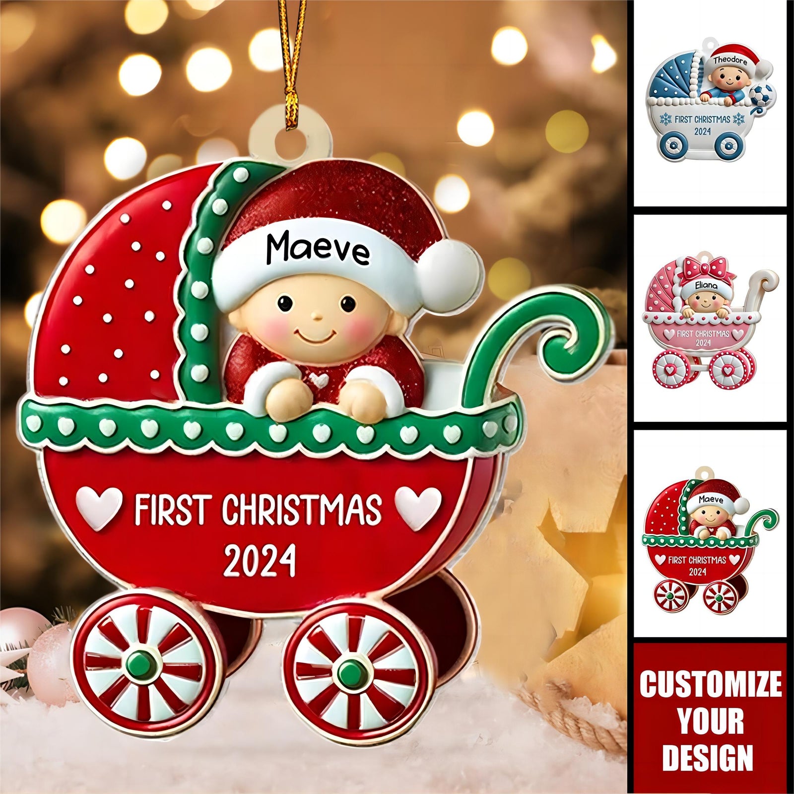 First Christmas Cute Baby On Carriage Personalized Acrylic Ornament- Gift for Newborn