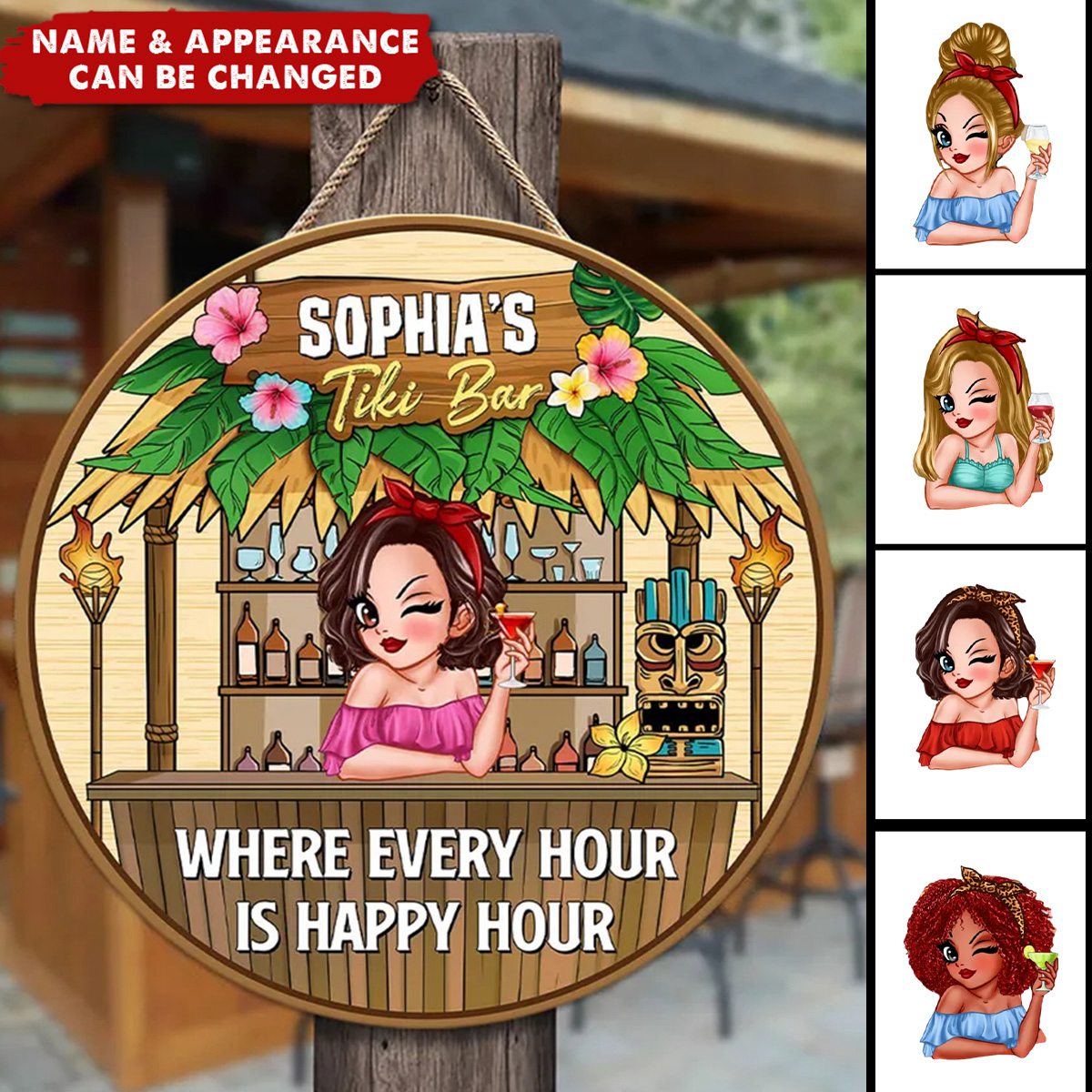 Welcome To Tiki Bar Sassy Woman Personalized Wood Door Hanger Sign