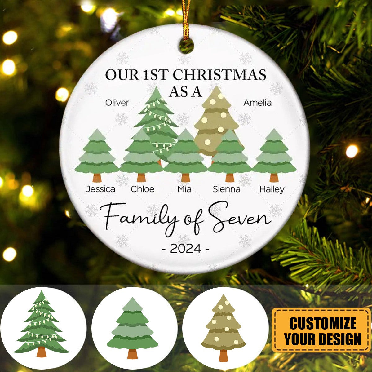 First Christmas As A Family Of Three - Personalized Circle Ceramic Ornament