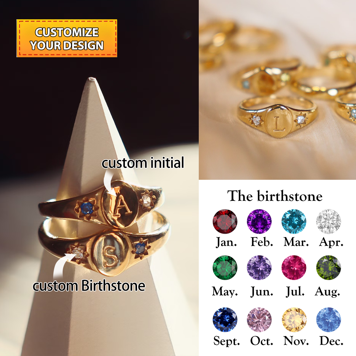 Personalized Signet Initial Ring With 2 Birthstones, Gift for Her