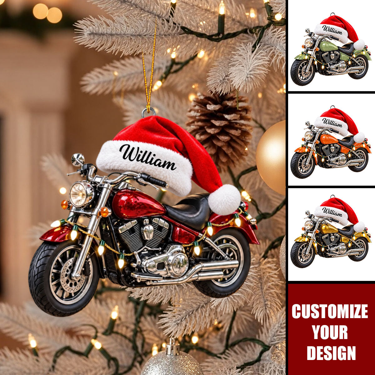 Personalized Motorcycle Christmas Ornament - Santa Hat Bike Holiday Decor