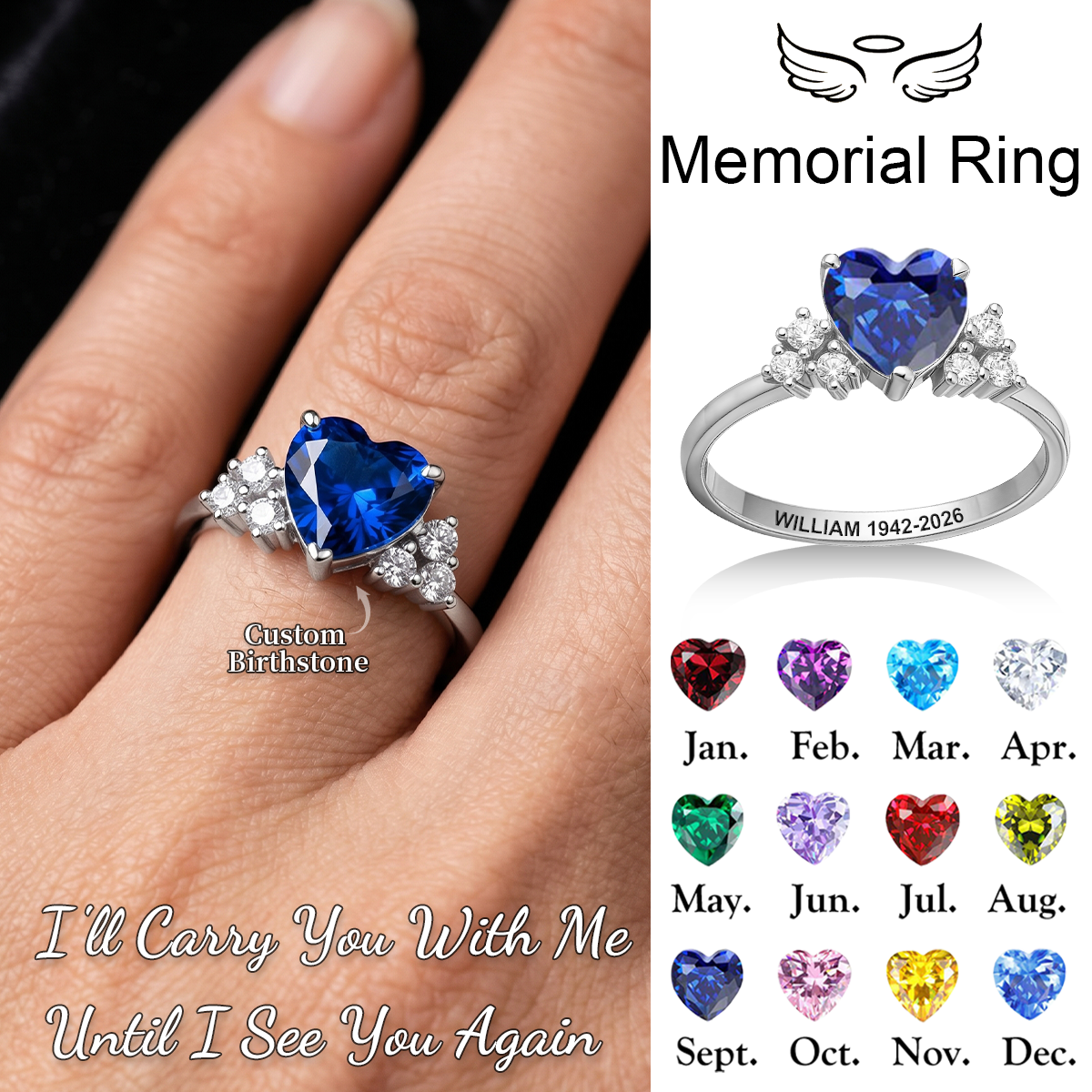 Forever In My Heart, Personalized Heart Birthstone Memorial Ring