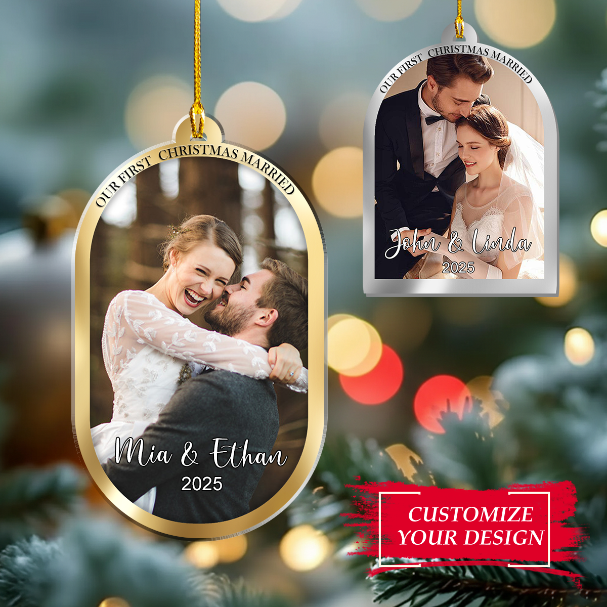 Personalized Couple Photo Our First Christmas Married Engaged Ornament