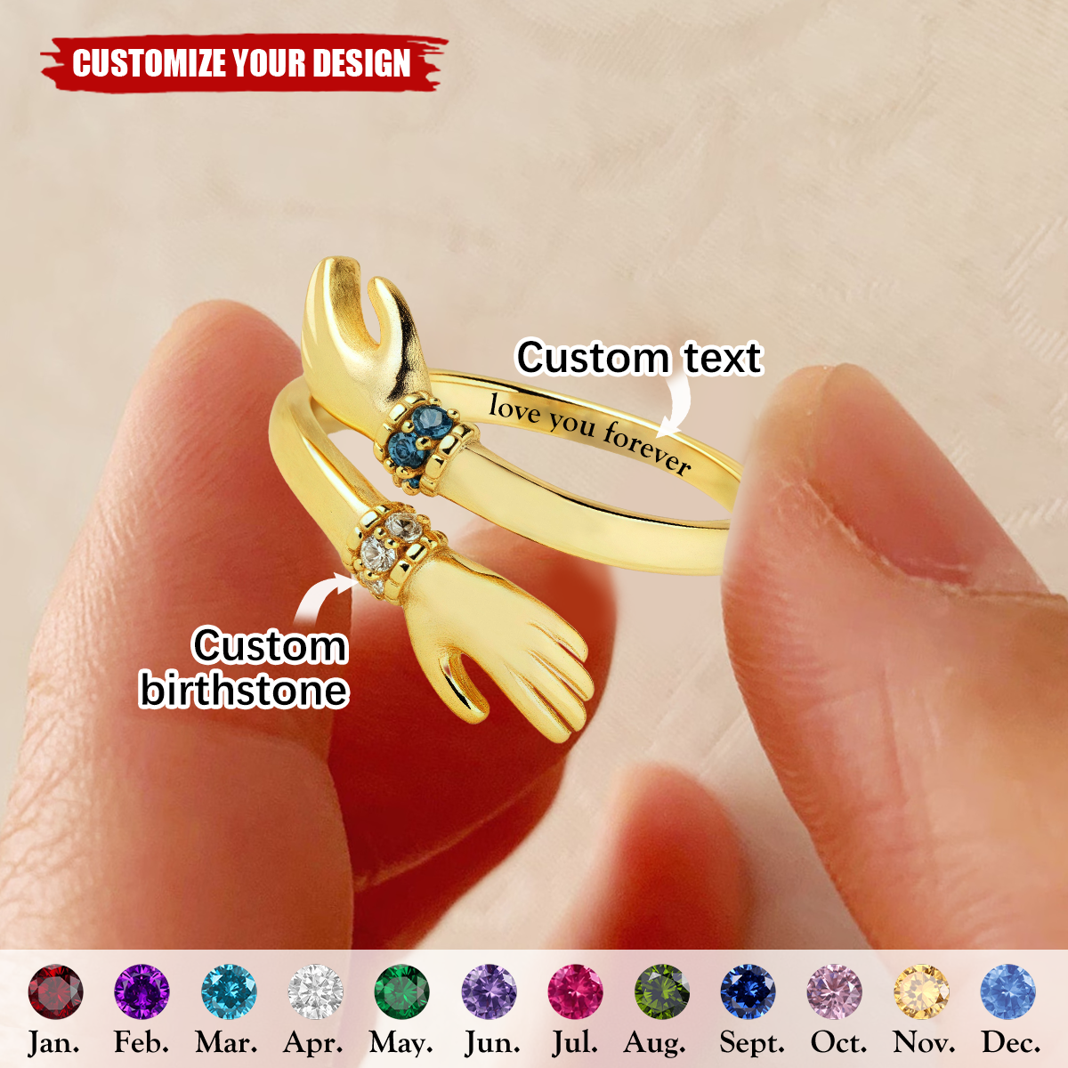 Personalized Birthstone Hug Ring, Gift For Couple