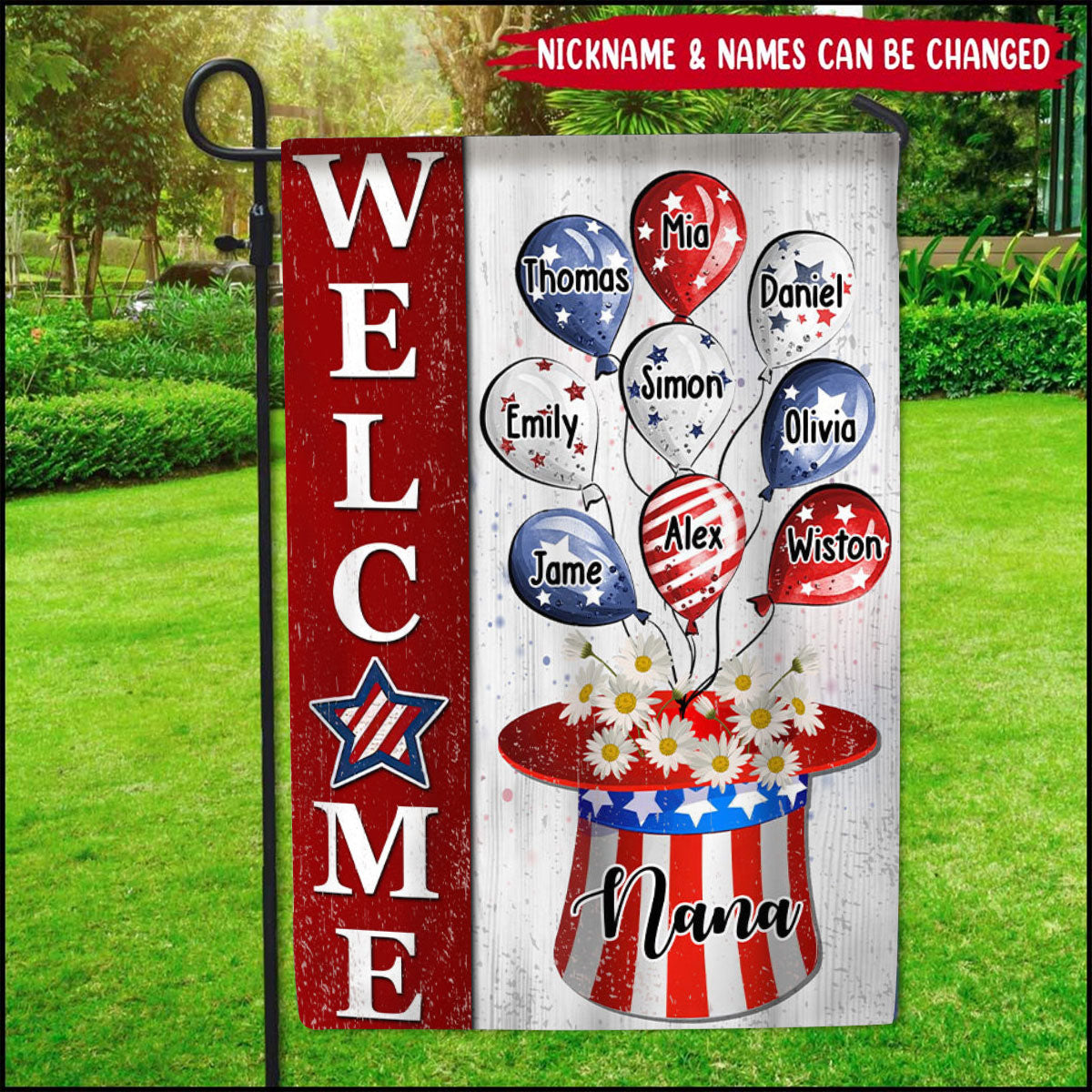 4th of July Balloons With Uncle Sam Hat Personalized Garden House Grandma Mama Auntie Flag