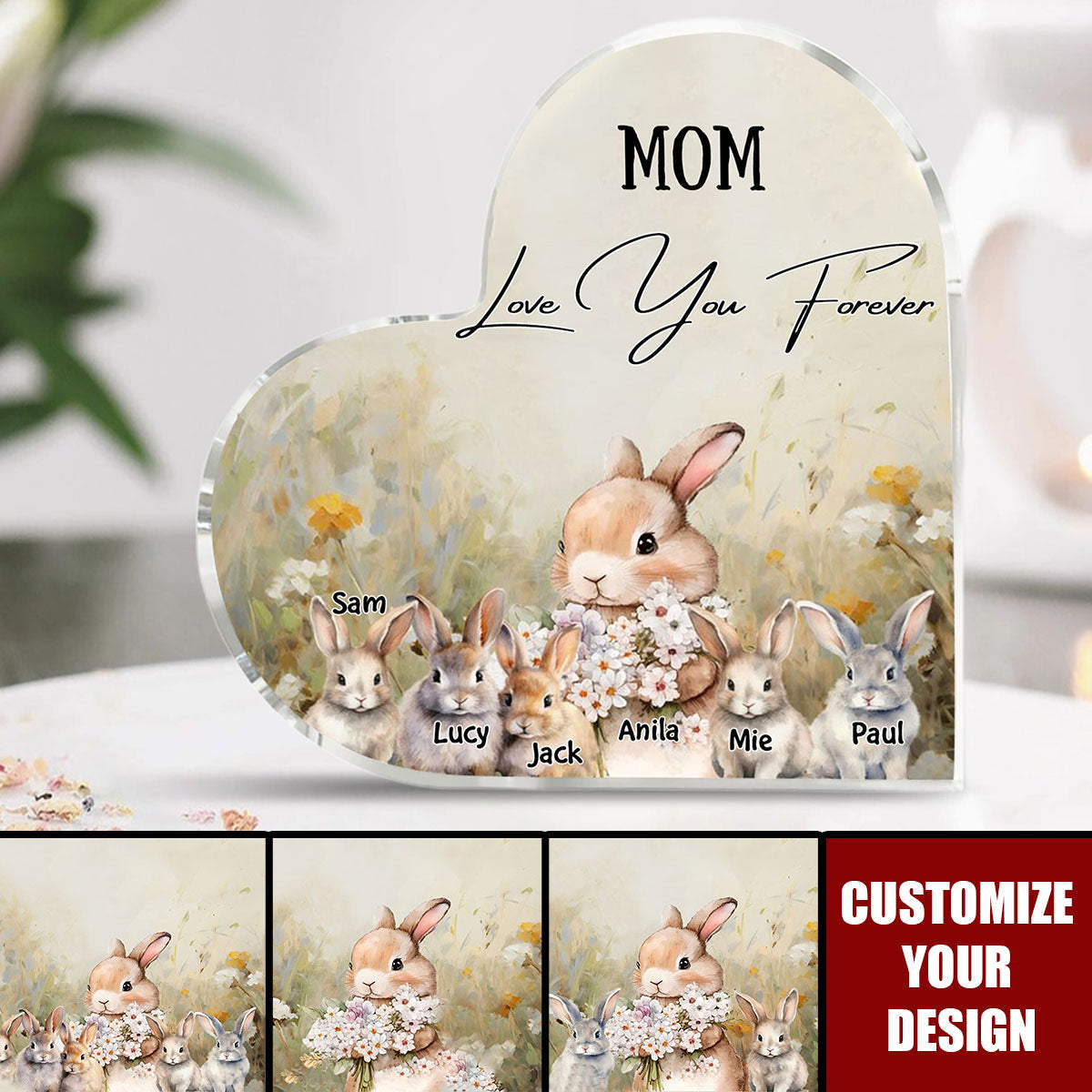 Grandma/Mom Bunny Family Rabbit - Personalized Custom Heart Shaped Acrylic Plaque