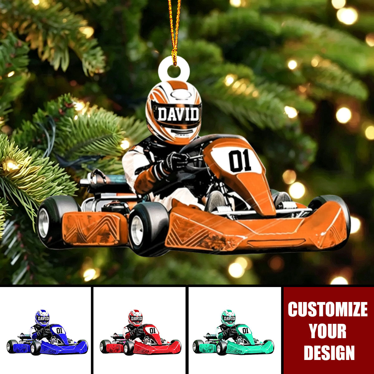 Personalized Go Kart Racer Ornament with Name and Number - Gift for Motorsports Fan