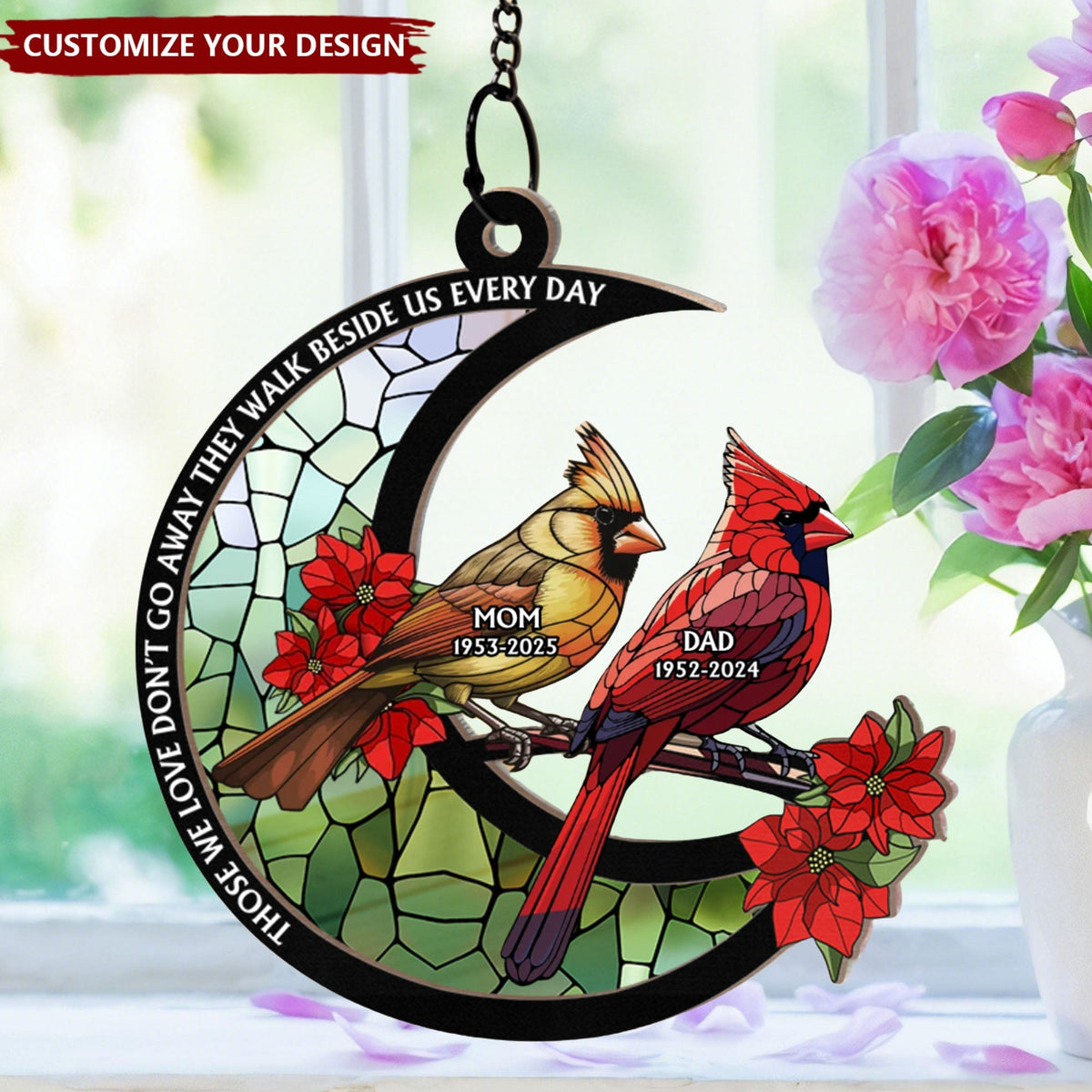 Memorial Cardinal Stained Glass Moon - Personalized Window Hanging Suncatcher Ornament