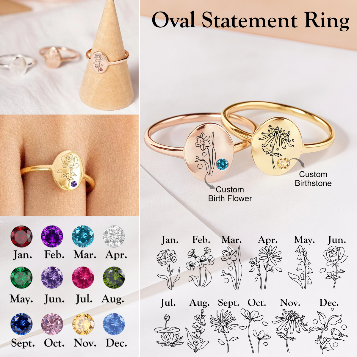 Personalized Engraved Birth Flower Birthstone Ring