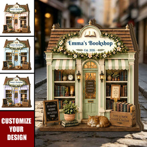 Personalized Bookshop Wooden Block, Cozy Bookstore Shelf Decoration, Book Lover Gift