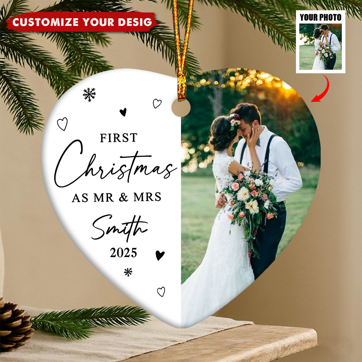 Personalised 1st Christmas Married Photo Heart Ceramic Ornament