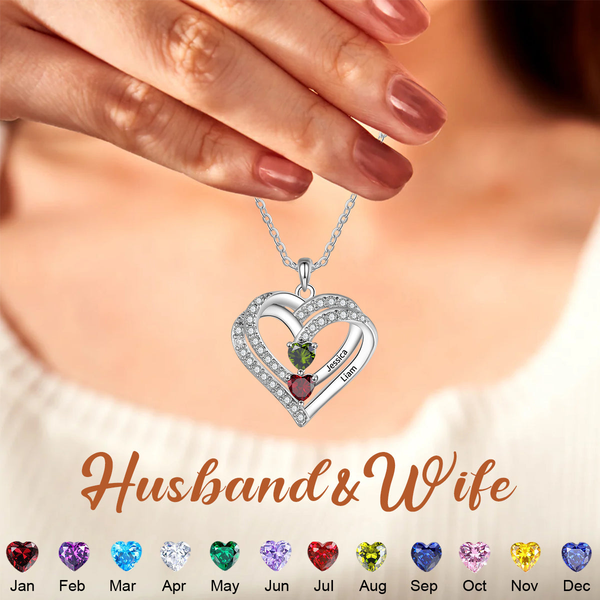 Personalized Heart Name Birthstone Couple Necklace