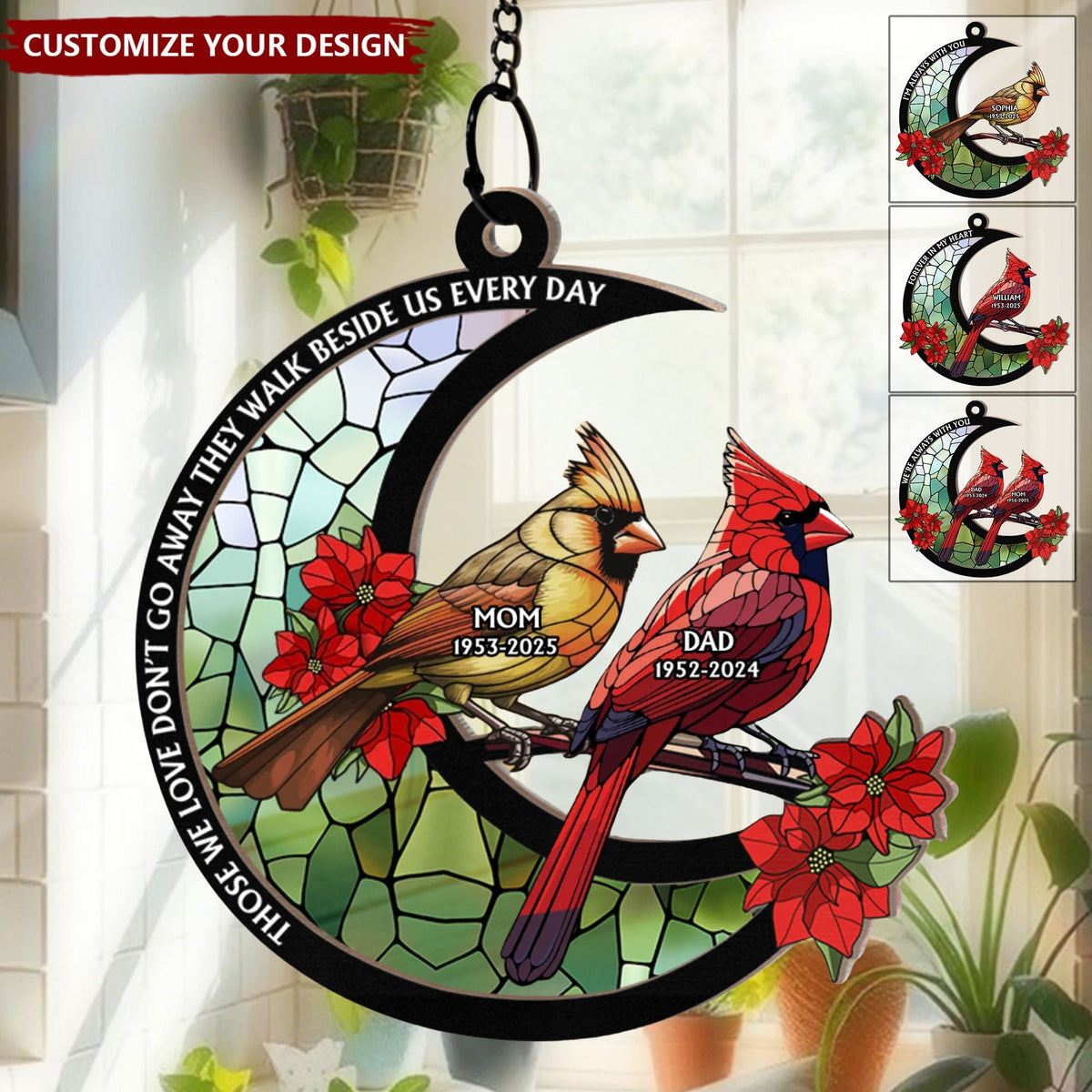 Memorial Cardinal Stained Glass Moon - Personalized Window Hanging Suncatcher Ornament