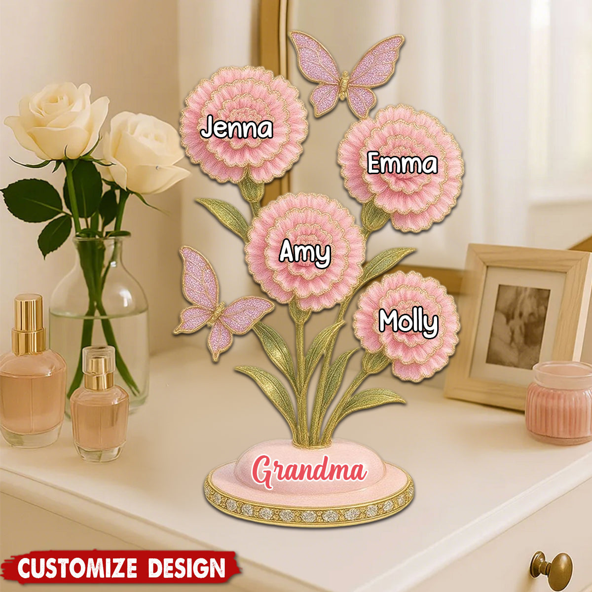 Mom Grandma & Kids Names On Carnation Flower Personalized Acrylic Block Plaque