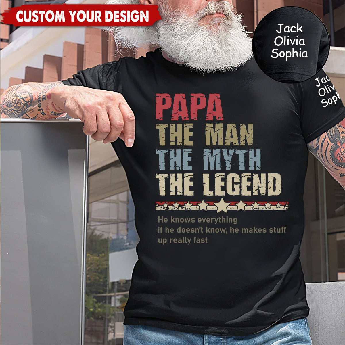 Personalized Papa The Man The Myth T-Shirt, Custom Father's Day Shirt With Kids Names