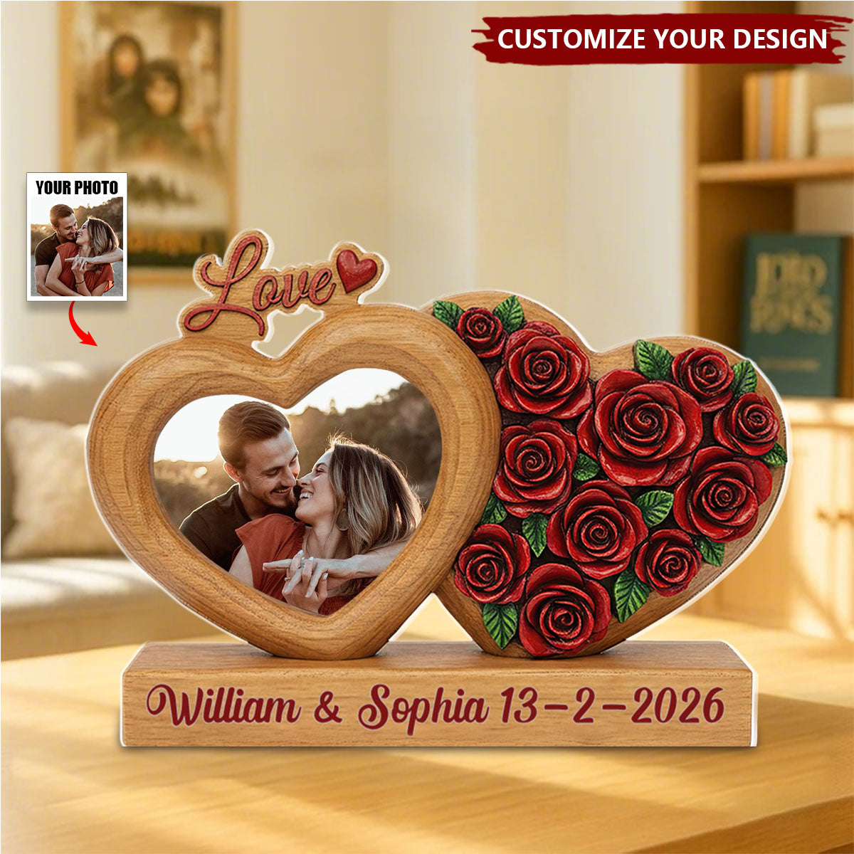 Personalized Double Heart Rose Motif Couple Acrylic Plaque