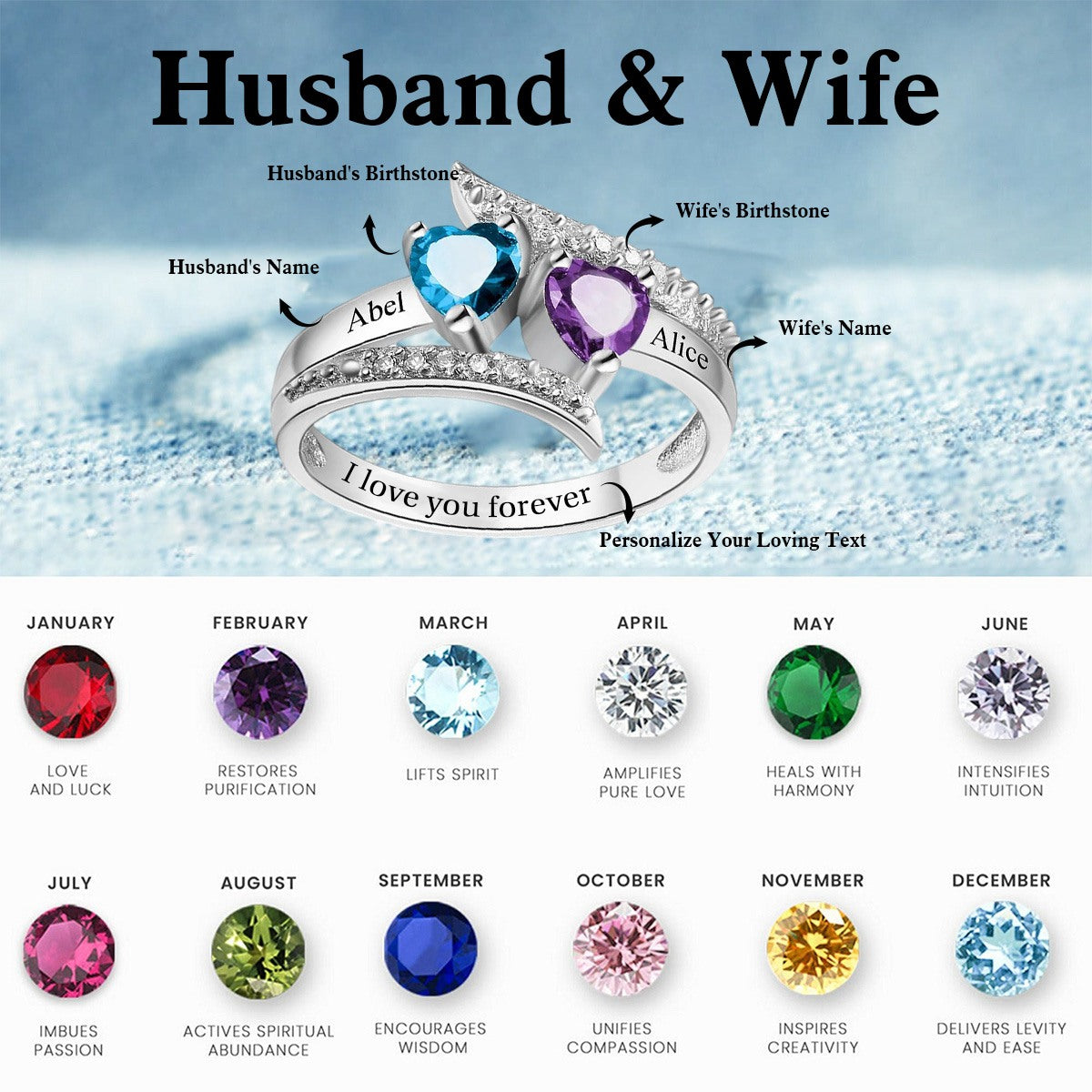 I Love You Forever -Personalized Custom 2 Names & Birthstones Promise Ring For Her