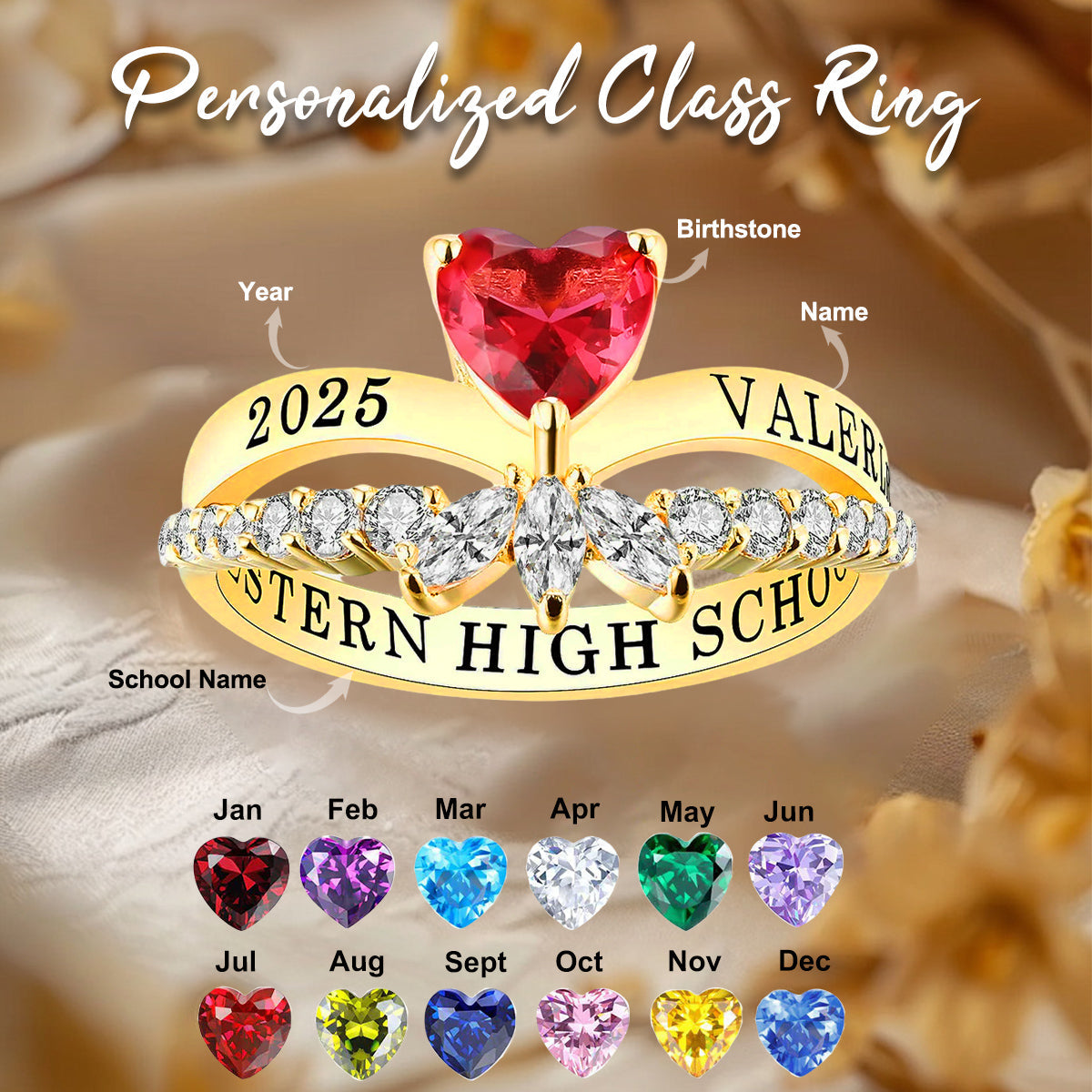 High School College University Birthstone Customized Women Class Ring