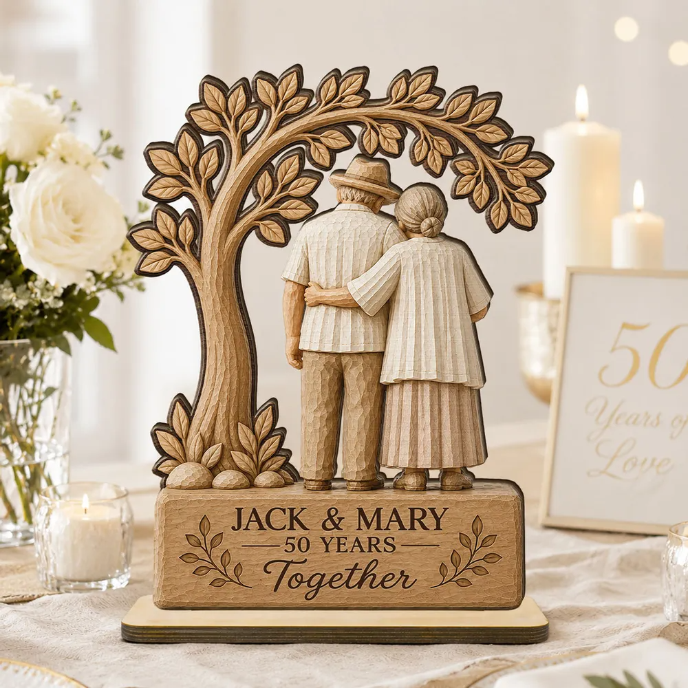 Rustic Old Couple Walking Anniversary Gift - Personalized Wooden Plaque