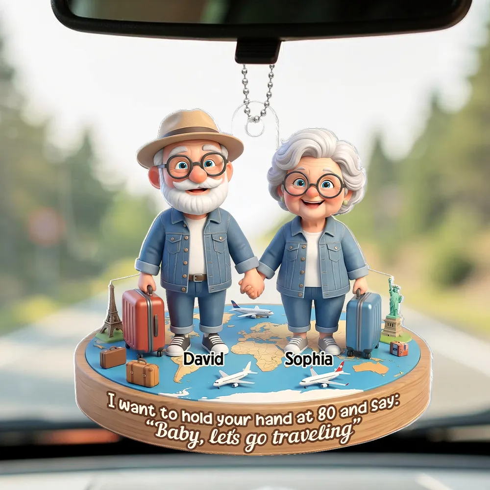 3D Effect Old Couple Baby Let's Go Traveling - Personalized Acrylic Car Hanger