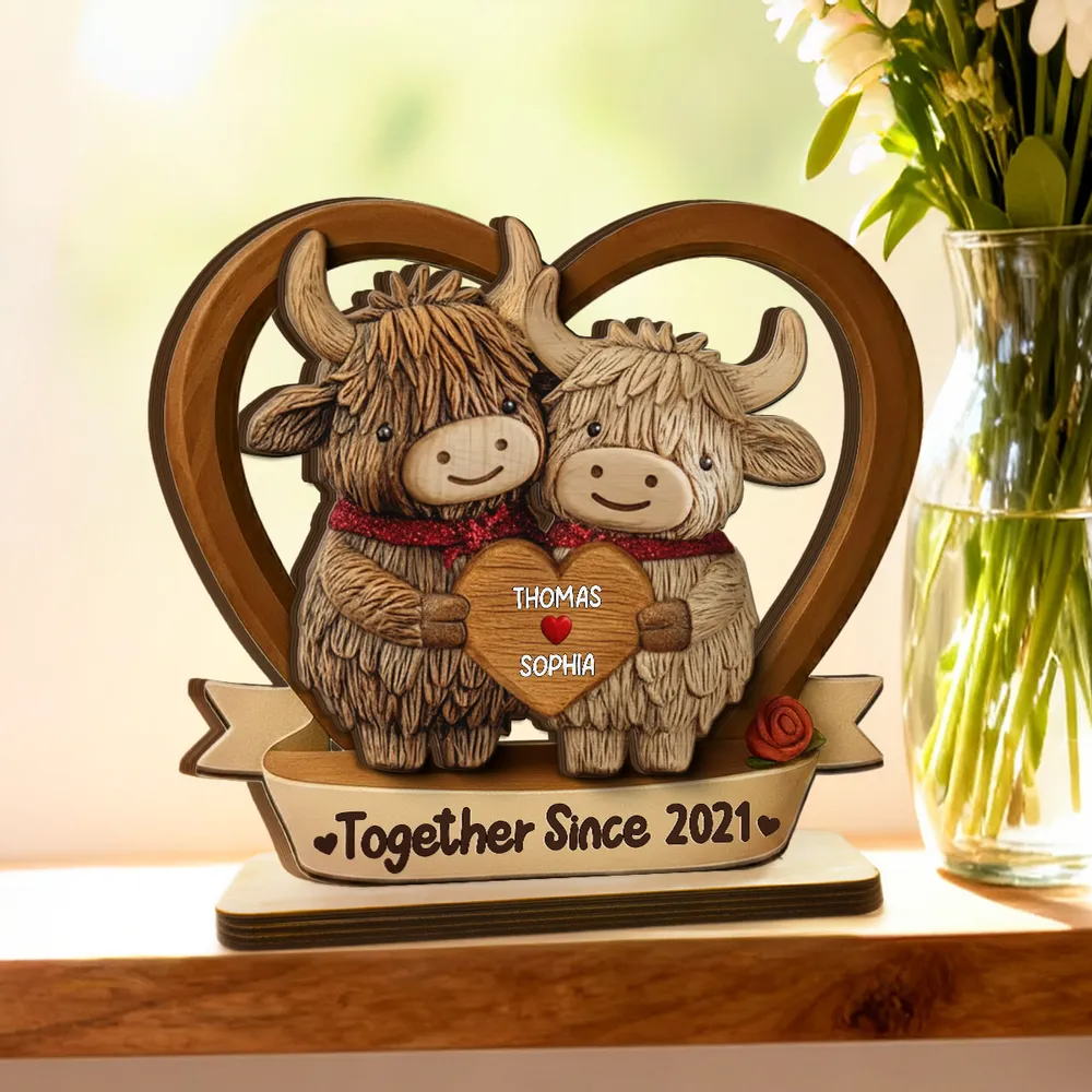 Highland Cows Couple Heart Wooden Plaque, Perfect Valentine's Day Gift