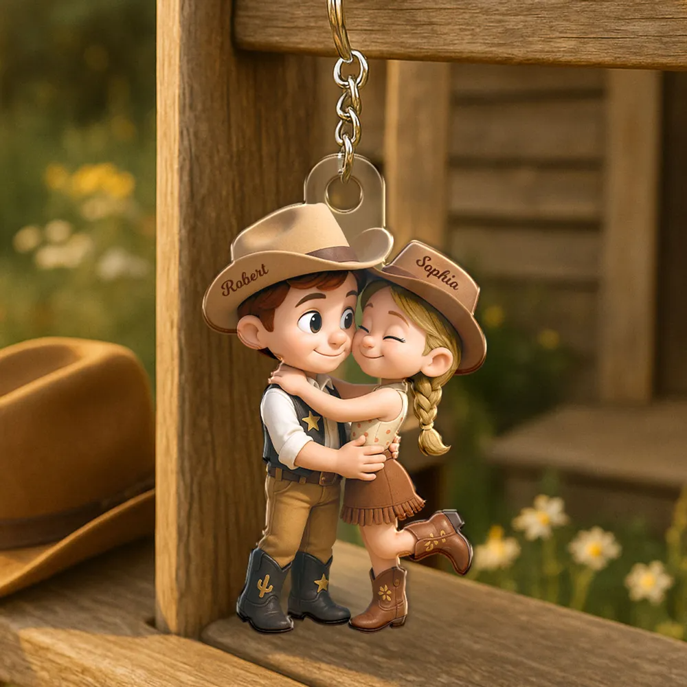 Cartoon Style Countryside Couple Cowboy Cowgirl Couple Matching Personalized Acrylic Keychain