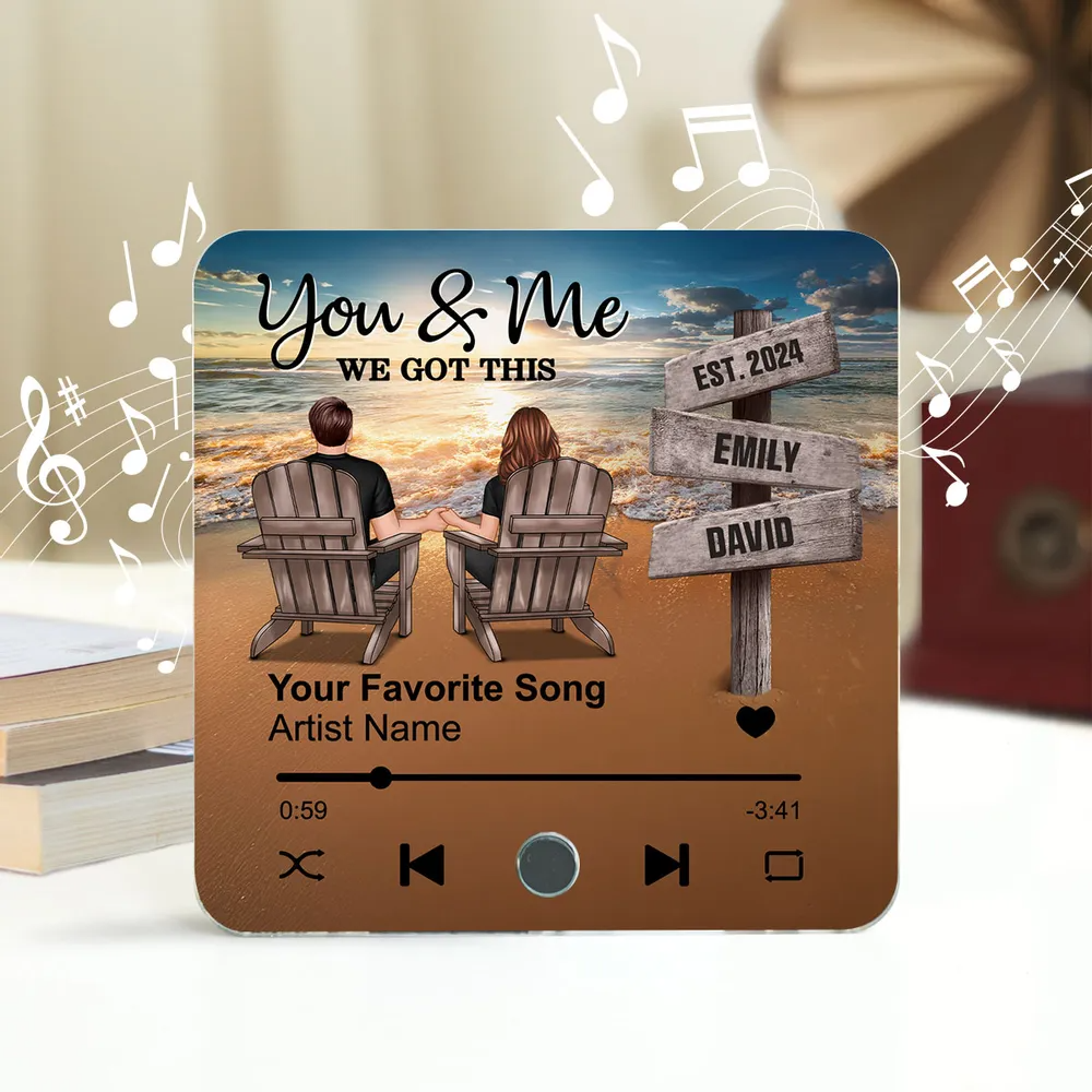 Romantic Beach Landscape Couple Sitting Holding Hands Sign Posts Personalized Music Fridge Magnet