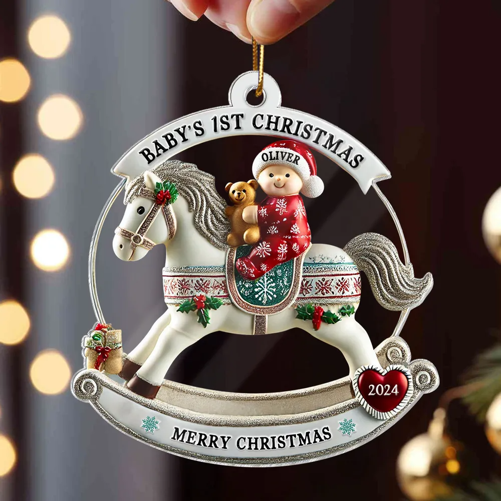 Baby First Christmas Newborn On Horse Keepsake 3D Effect Personalized Acrylic Ornament