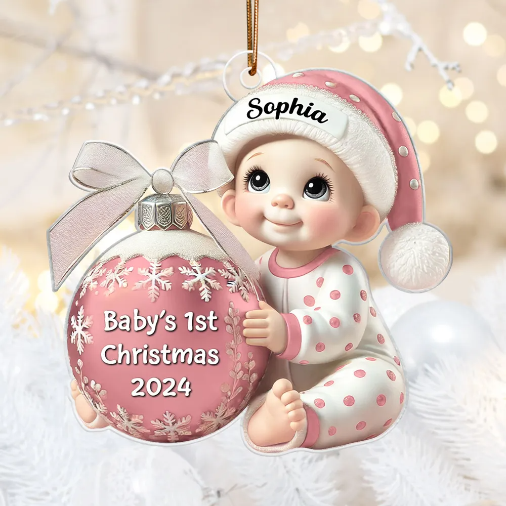 Baby Holding Christmas Bauble - Baby's First Christmas Personalized Acrylic Flat Ornament