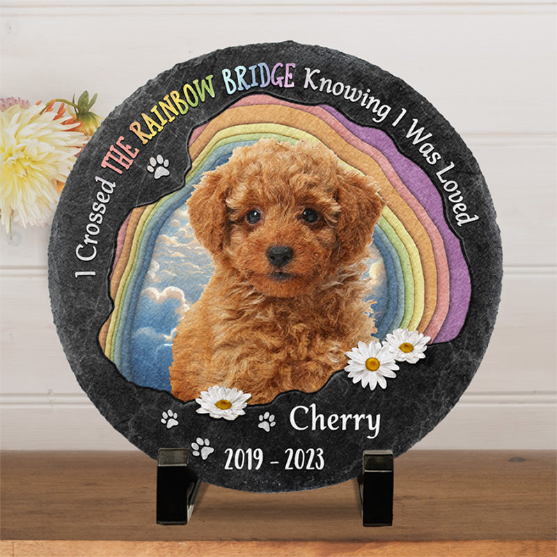 Custom Photo Fur Baby Crossed The Rainbow Bridge - Memorial Personalized Custom Round Shaped Stone With Stand