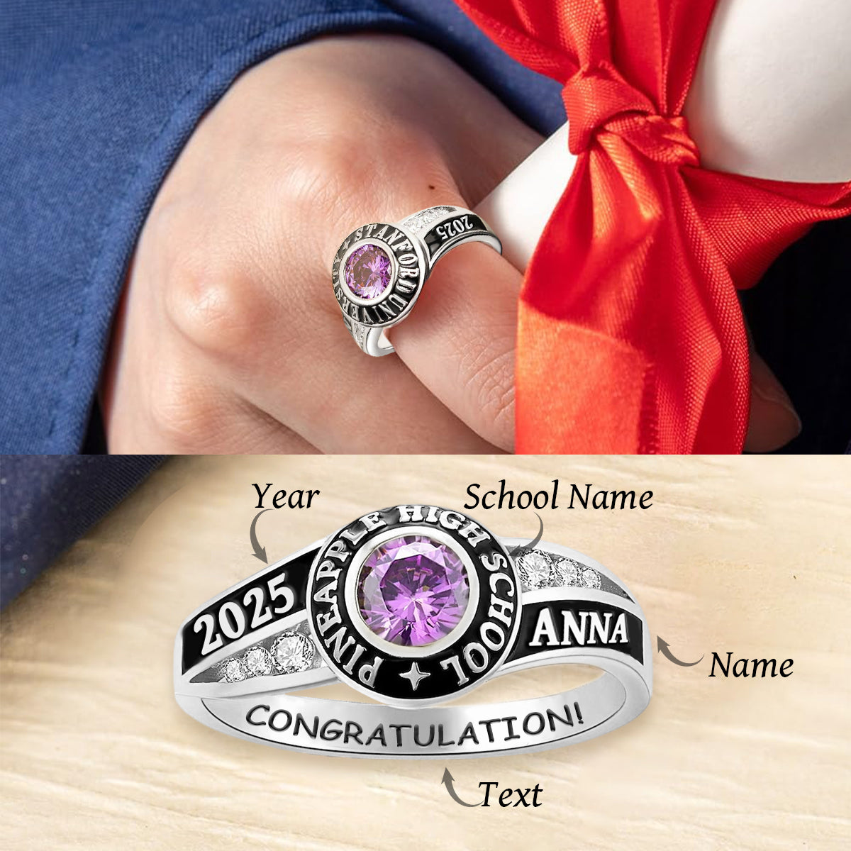 Personalized Birthstone Engraved Graduation Rings High School College University