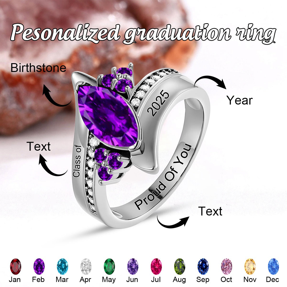 Personalized Birthstone Ring with Engraved Text Graduate Jewelry