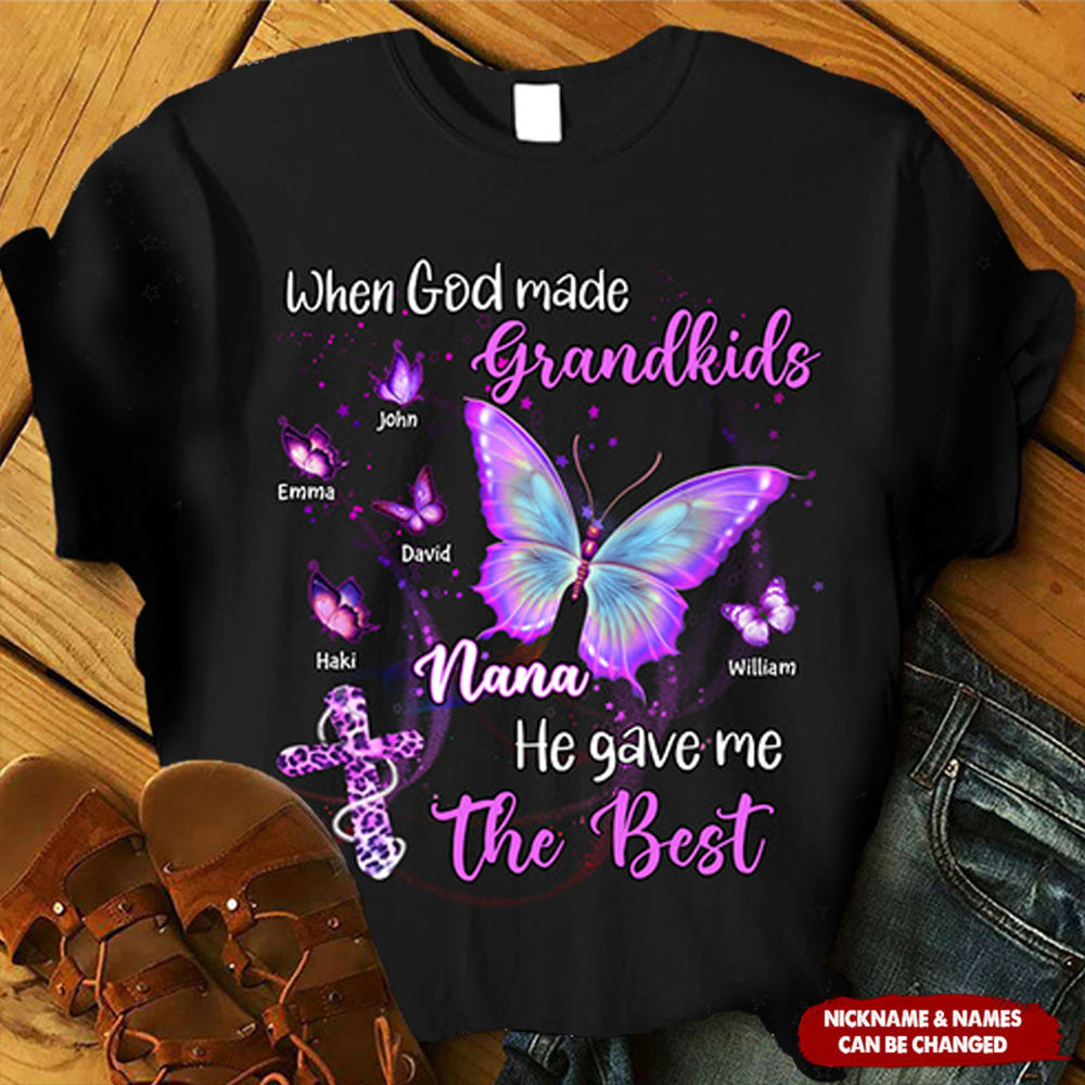Sparkling Jesus Butterfly Grandma Grandkids-When God Made Grandkids He Gave Me The Best Personalized Shirt