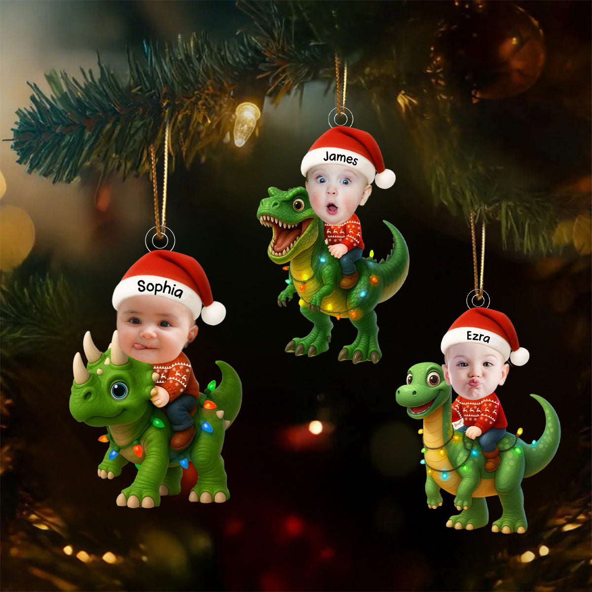 Personalized Cute Kid Rides The Dinosaur Kid Photo Ornament